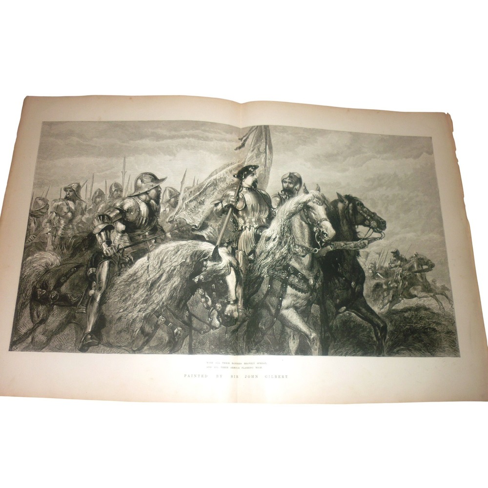 Large Antique Sir John Gilbert Engraving Knight Cavalry Battle Print 14x20 Folio